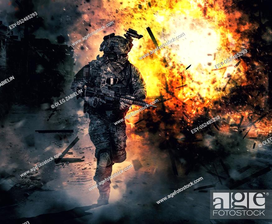 Stock Photo: Army soldier in action. Great explosion with fire and smoke billows.
