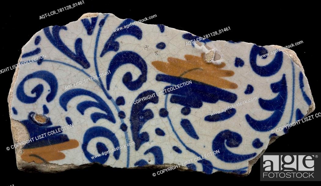 Stock Photo: Fragment majolica dish, blue on white, details orange, Italian-looking tendrils, plate crockery holder soil find ceramic earthenware glaze.