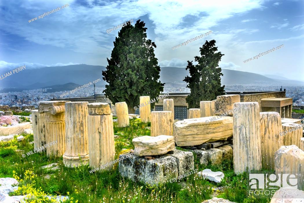 Photo de stock: Ruins Temple of Augustus Rome Acropolis Athens Greece. Temple of Augustus and Rome created on the Acropolis in 27 BC. Acropolis is the symbol of Greece.