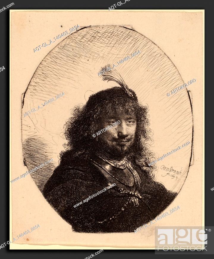 Stock Photo: Rembrandt van Rijn (Dutch, 1606 - 1669), Self-Portrait (?) with Plumed Cap and Lowered Sabre, 1634, etching.