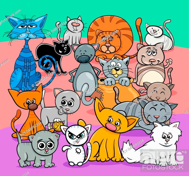 Stock Photo: Cartoon Illustration of Comic Cats and Kittens Animal Characters Group.