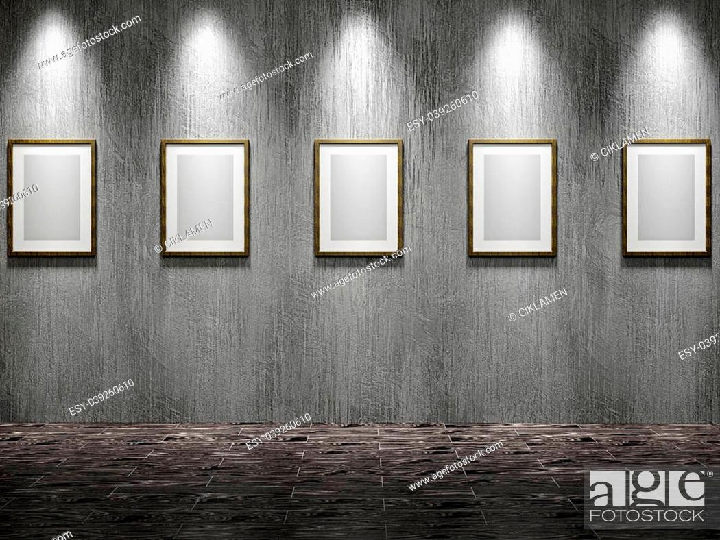 Stock Photo: The old gallery with empty wooden frames.