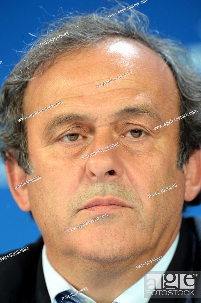 Stock Photo: UEFA President Michel Platini is seen during a press conference after the UEFA Euro 2020 Hosts Announcement Ceremony at the Espace Hippomene in Geneva.