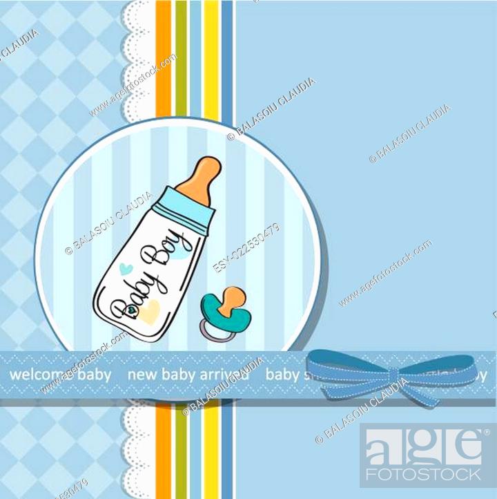 Stock Photo: baby announcement card with milk bottle and pacifier.