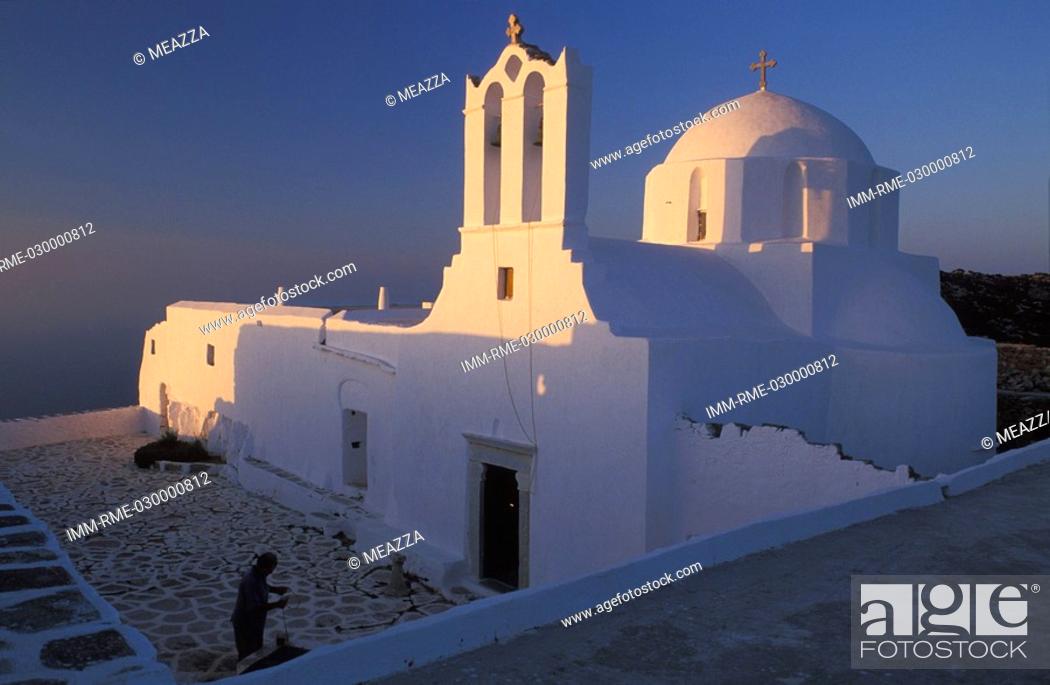 Stock Photo: Monastery of Zoodohos Pigi, built on the peak of a rock, Sikinos, Cyclades, Greece.