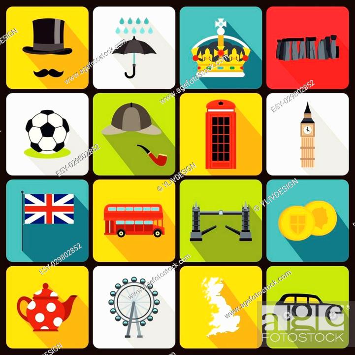 Stock Vector: Great Britain icons set in flat style. London set collection vector illustration.