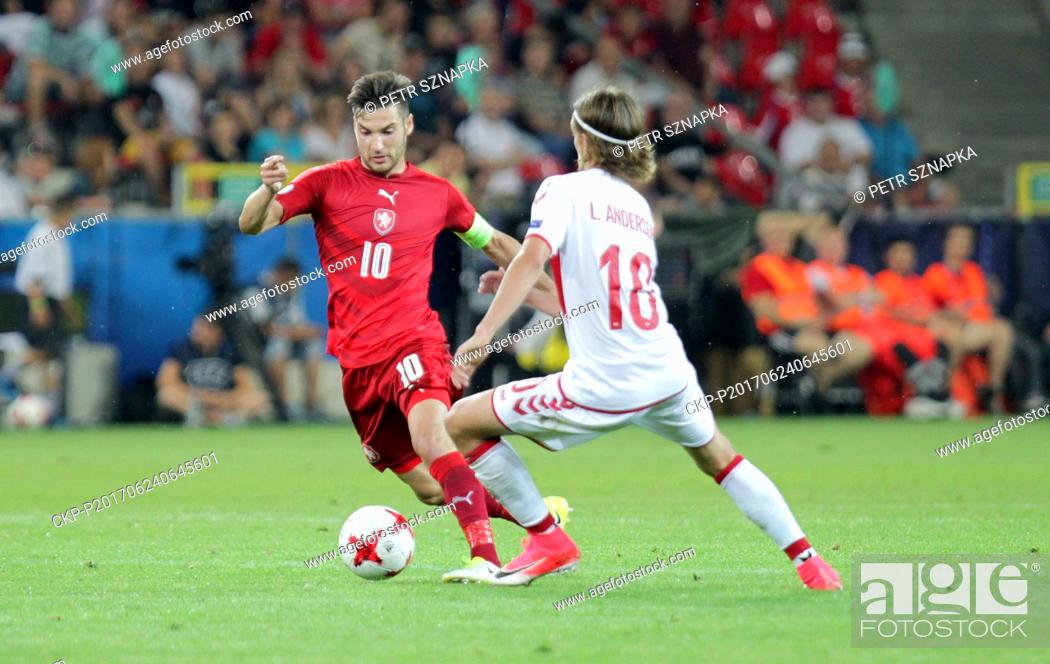 Stock Photo: Michal Travnik of Czech Republic, left, and Lucas Andersen of Denmark in action during the match Czech Republic vs Denmark at UEFA Under-21 Championship 2017 in.