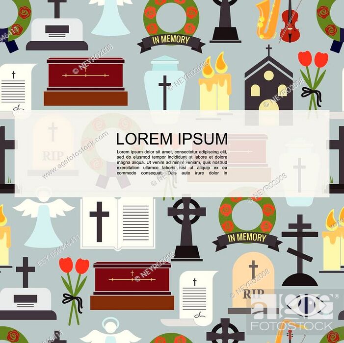 Vecteur de stock: Flat funeral colored icons seamless pattern with cemetery crosses bible flowers coffin tombstone wreath urn for ash burning candles saxophone violin vector.