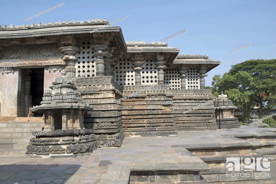 Stock Photo: Small towers and walls at the eastern entrance of Hoysaleshvara Temple, Halebid, Karnataka, india, View from East.