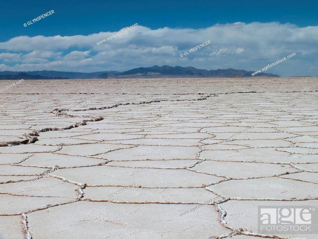 Stock Photo: The Salinas Grandes salt flats extend over a 300 square mile area and are located northwest of Purmamarca on the boder between the provinces of Jujuy and Salta.