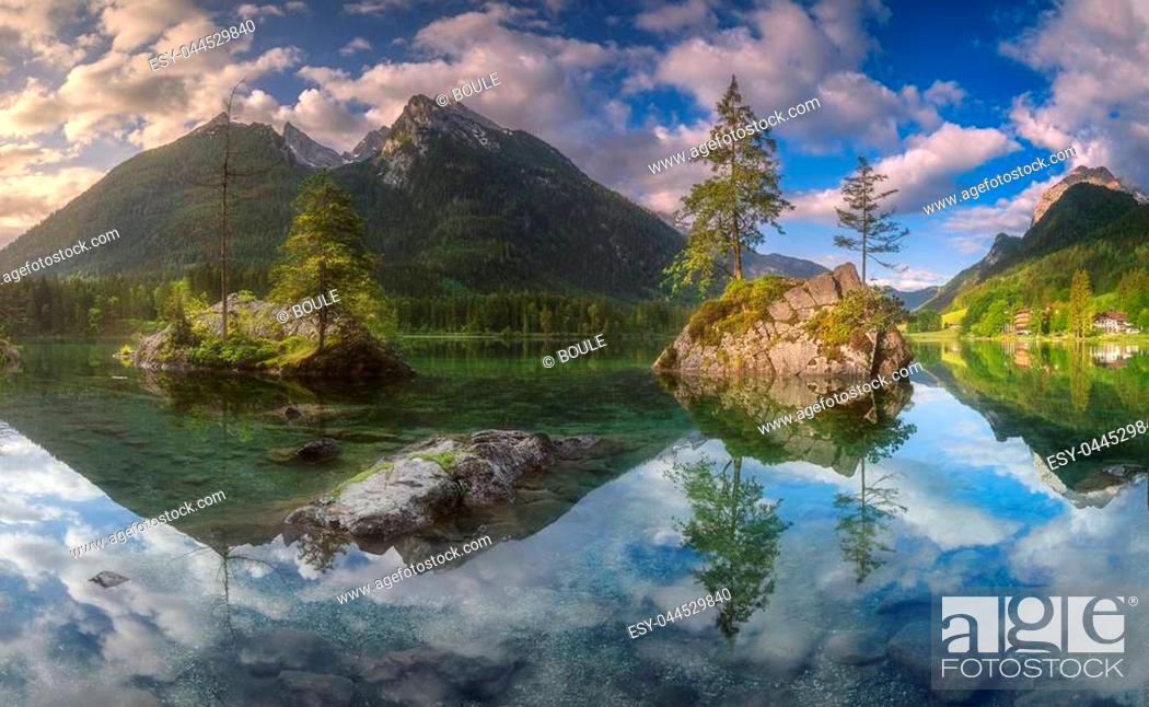 Stock Photo: Beautiful morning view of famous Hintersee lake in Berchtesgaden National Park, Upper Bavarian Alps, Germany, Europe. Beauty of nature concept background.
