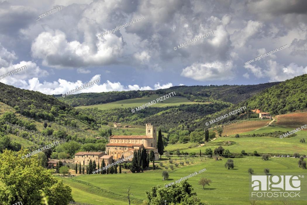 Stock Photo: Abbey of Sant'Antimo, the Benedictine monastery in the comune of Montalcino, Tuscany, Italy.