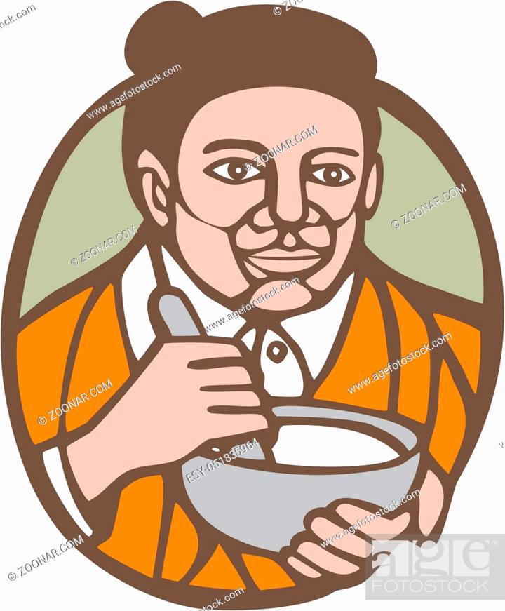 Stock Photo: Illustration of granny chef, cook or baker holding mixing bowl set inside oval shape on isolated background done in woodcut linocut style.