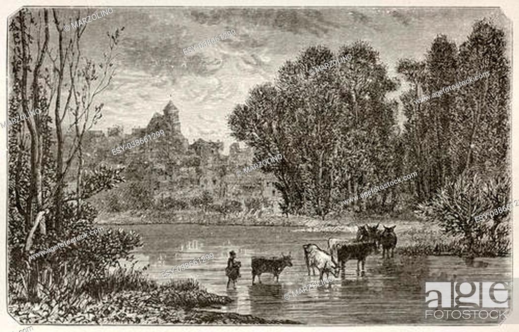 Stock Photo: Montigny-sur-Loing old view, France. Created by Grenet, published on Le Tour du Monde, Paris, 1867.