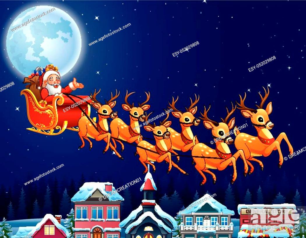 Vector illustration of Santa Claus riding his reindeer sleigh flying over  town, Stock Vector, Vector And Low Budget Royalty Free Image. Pic.  ESY-052029808 | agefotostock