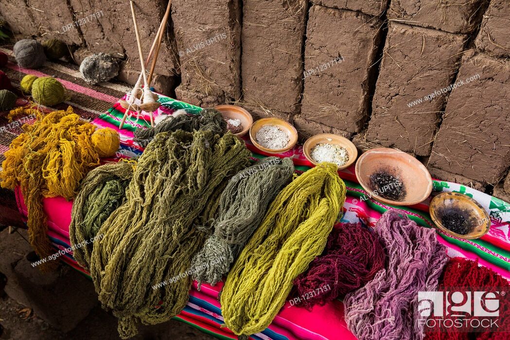 Stock Photo: In Amaru community of Sacred Valley near Urubamba, traditional native dyes used on wool; Urubamba Province, Cusco, Peru.