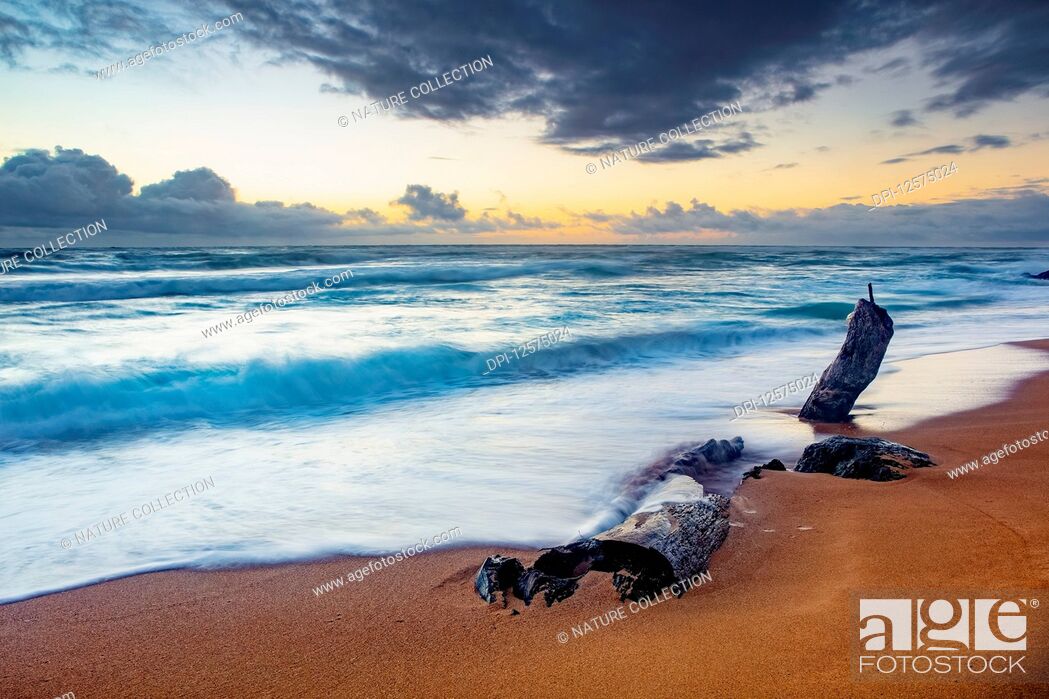 Stock Photo: Sunrise over beach and ocean with tide washing up over sand and driftwood; Kauai, Hawaii, United States of America.