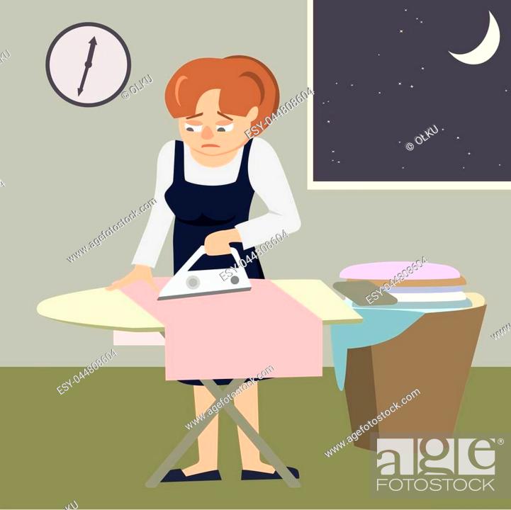 tired woman ironing clothes at night - vector cartoon illustration in flat  style, Stock Vector, Vector And Low Budget Royalty Free Image. Pic.  ESY-044808604 | agefotostock