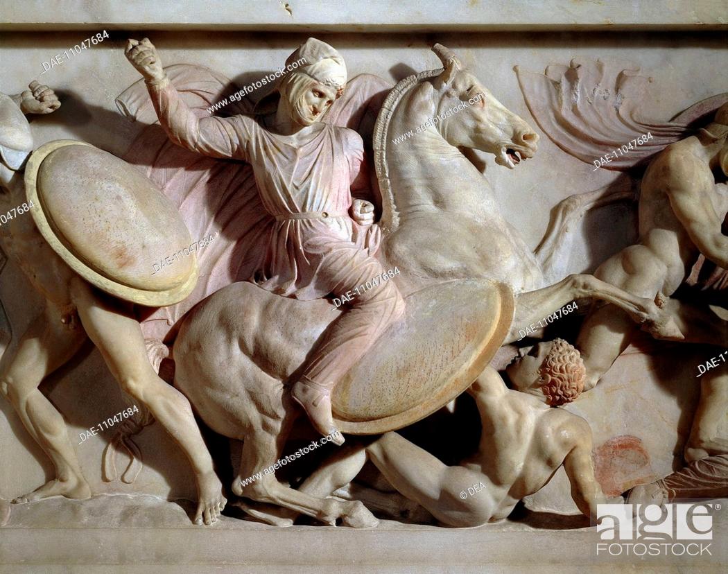 Stock Photo: The sarcophagus of Alexander, ca 310 BC, marble work from Sidon, Lebanon. Detail of a Persian who kills an greek. Greek civilization, 4th Century BC.