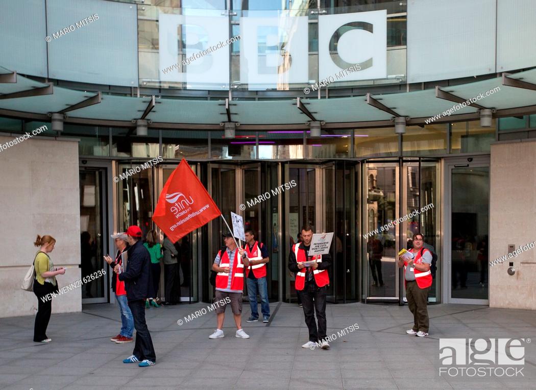 Stock Photo: BBC engineers begin a 48 hour strike at Broadcasting House in Portland Place, after Interserve proposed a 73 per cent cut in the engineering workforce.