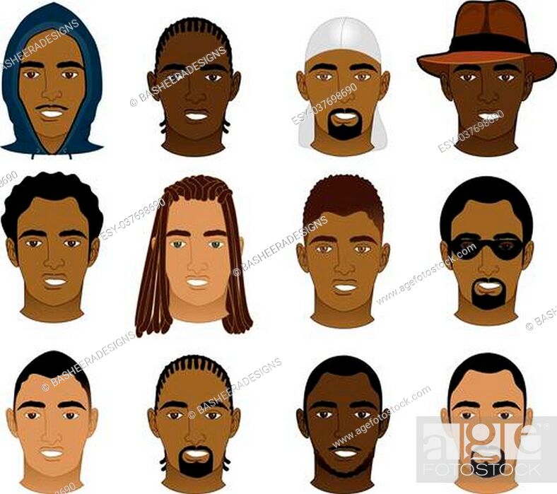 Stock Vector: Vector Illustration of 12 different Black and Mixed Men Faces.