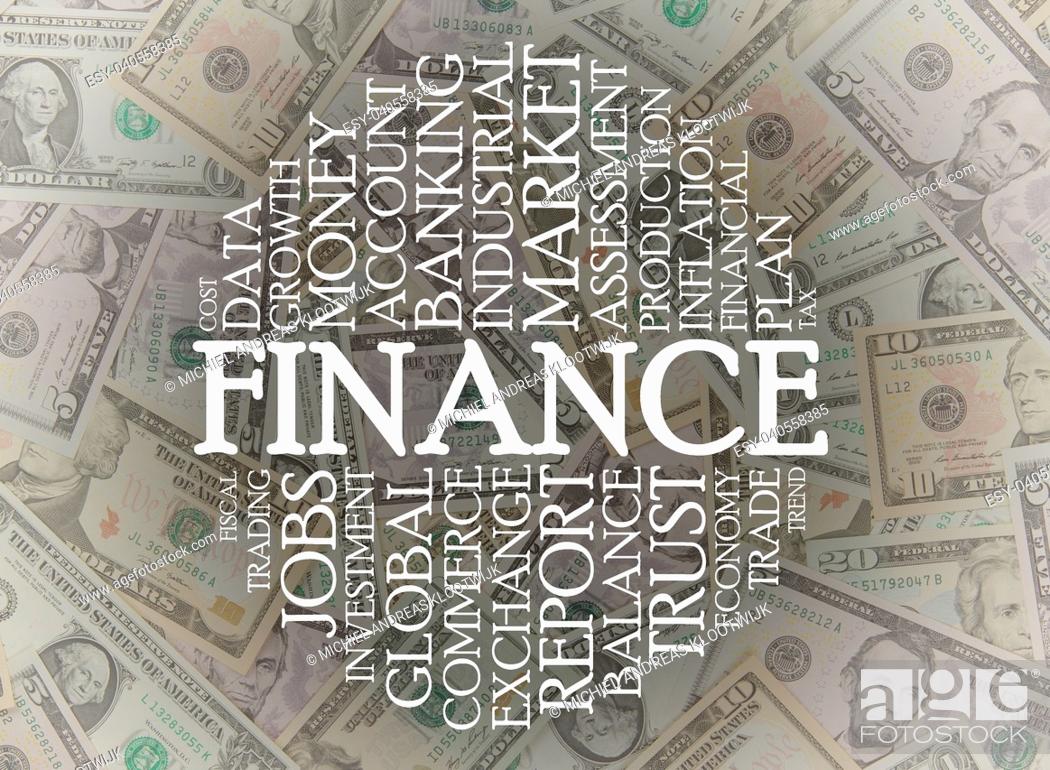 Stock Photo: Finance word cloud on top of american dollars.