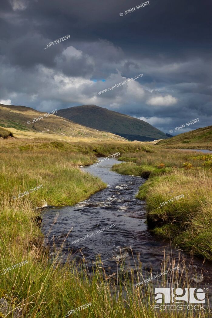 Stock Photo: water flowing in a stream through a hilly landscape, ardnamurchan argyl scotland.