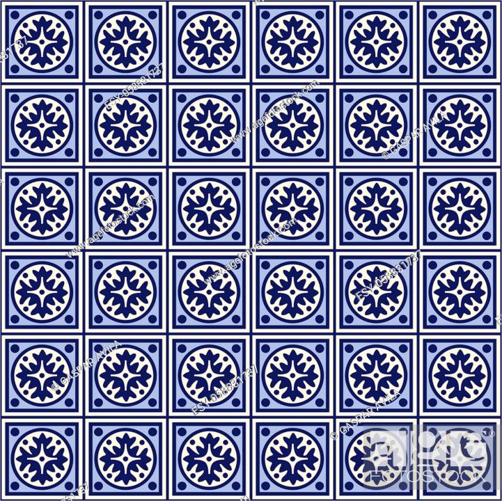 Stock Vector: Blue tiles pattern, resembling portuguese azulejo tilework. Graphic design.