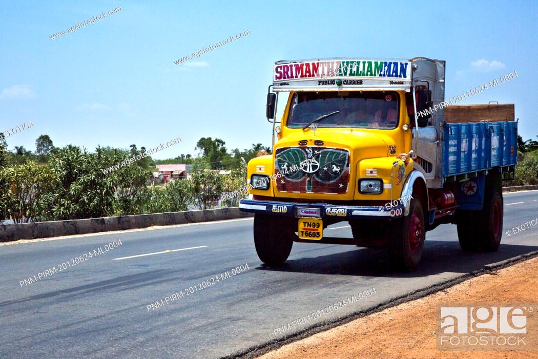 Stock Photo: Truck moving on the road, Kanchipuram, Tamil Nadu, India.