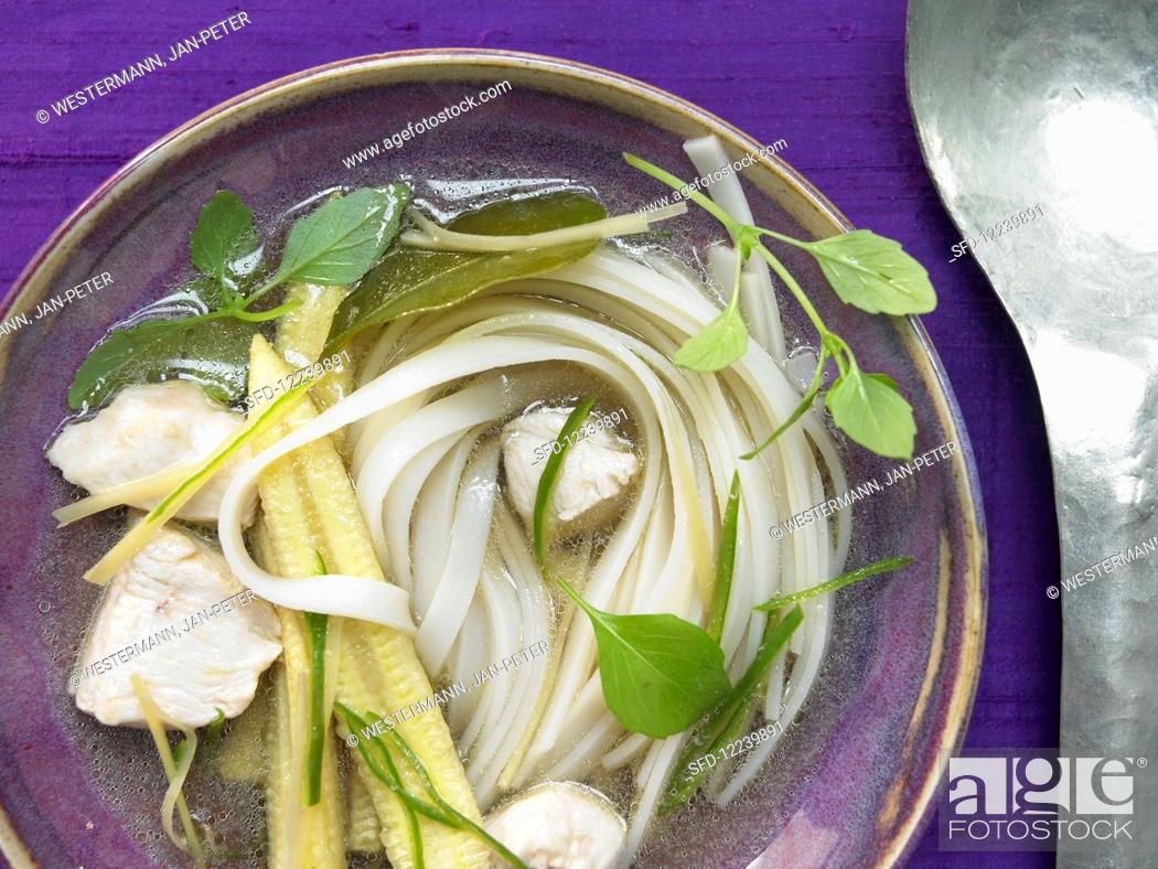 Stock Photo: Thai soup with rice noodles and chicken breast fillet.