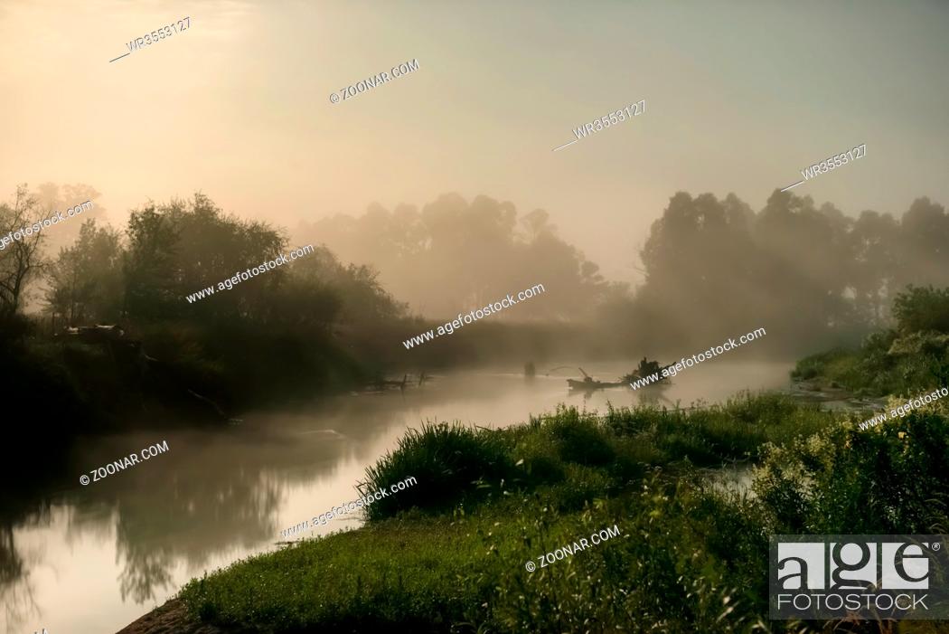 Stock Photo: Landscape with moon light at night over river. Fog above water and trees.