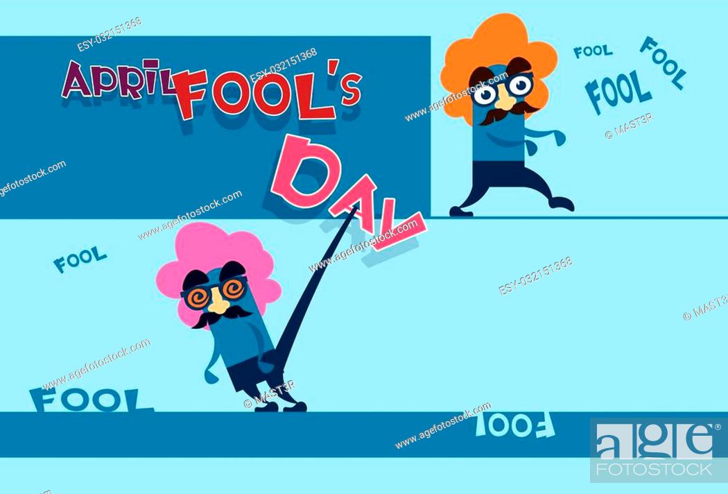 Vecteur de stock: Fool Day April Holiday Greeting Card Banner Comic Crazy Character Fake Nose, Mustache, Wig Flat.