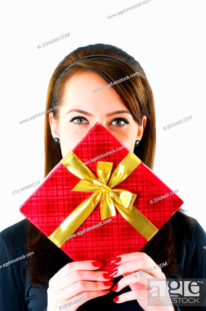 Stock Photo: Young woman with red gift box.