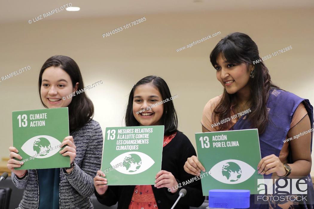 Stock Photo: United Nations, New York, USA, April 19 2018 - Anela Arifi, 20-year-old young inventor from Bosnia, Gitanjali Rao, 12-year-old innovator from USA and Sona.