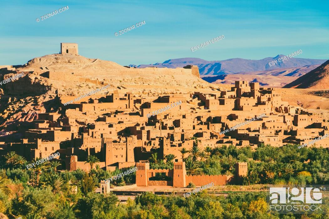 Stock Photo: Ait Benhaddou, fortified city, kasbah or ksar, along the former caravan route between Sahara and Marrakesh in present day Morocco.