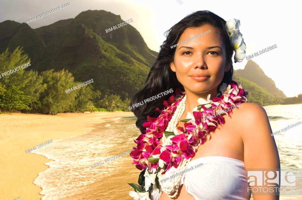Stock Photo: Pacific Islander woman wearing lei.