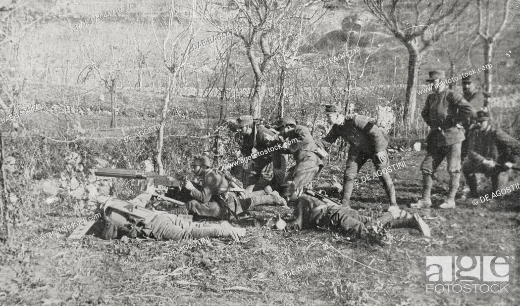 Stock Photo: Machine gun fire, Italy, World War I, photo by Sabbioni taken from L'Illustrazione Italiana, Year XLIII, No 17, April 23, 1916.