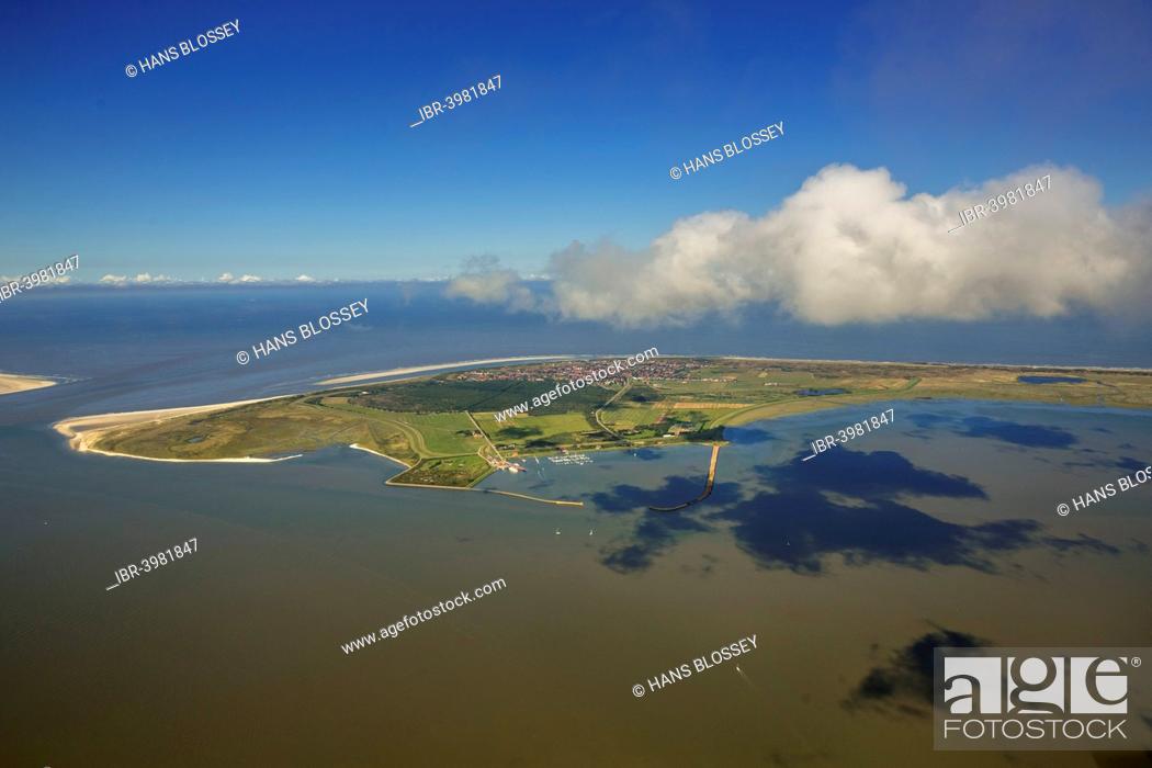 Stock Photo: Aerial view, harbour and Flinthörn, Wadden Sea, North Sea, Langeoog, East Frisian Islands, East Frisia, Lower Saxony, Germany.