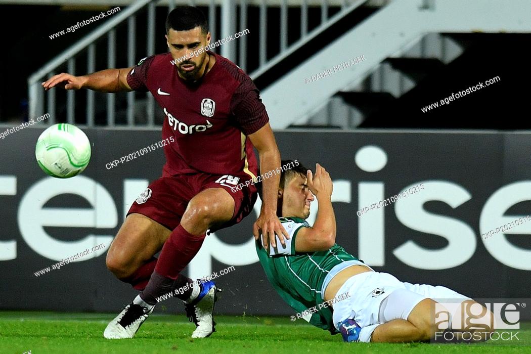 Stock Photo: From left Rachid Bouhenna of Cluj and Antonin Vanicek of Jablonec in action during the Football European Conference League, Group D.