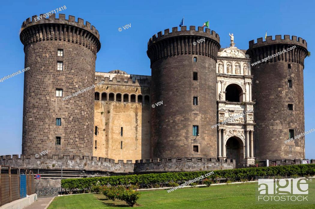 Stock Photo: Castel Nuovo (New Castle) is a medieval castle located in central Naples, Italy. First erected in 1279, it is one of the main architectural landmarks and.