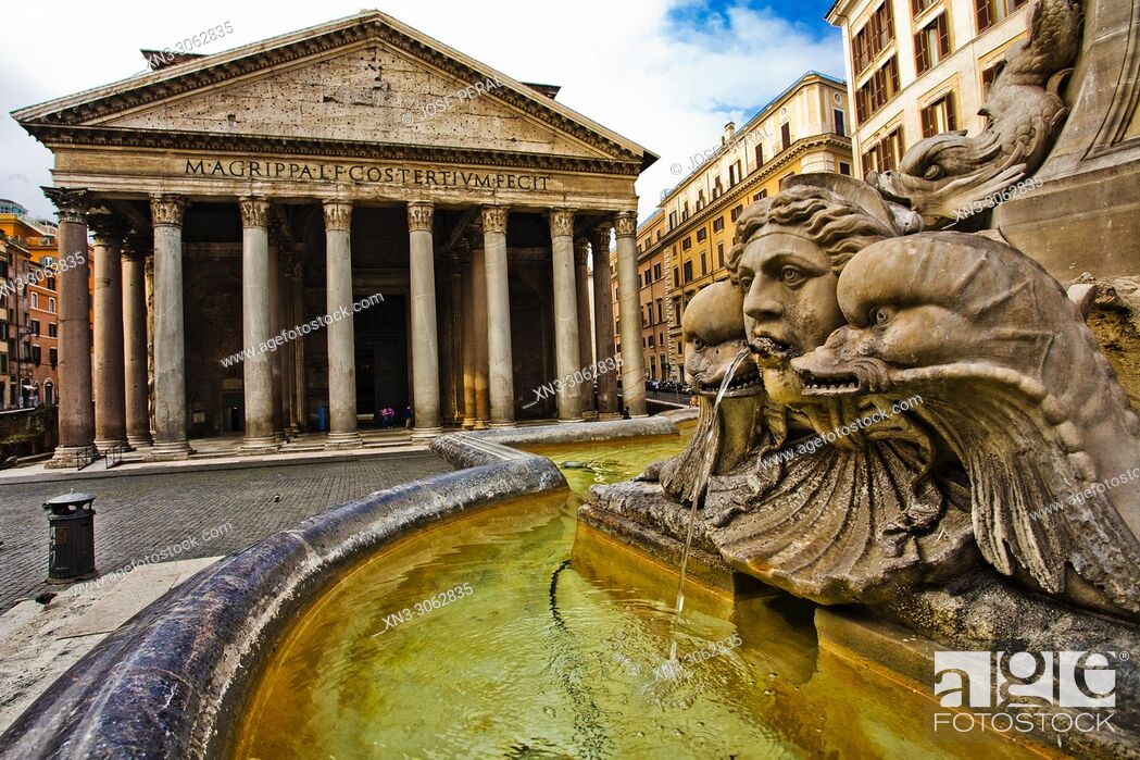 Stock Photo: Pantheon, Roman temple with Corinthian columns, at right Fountain of the Pantheon, Fontana del Pantheon, Piazza della Rotonda square, Rome, Lazio, Italy, Europe.