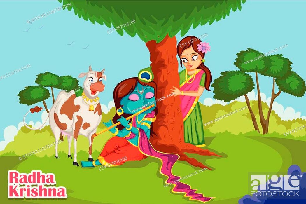 Kanha playing bansuri (flute) with Radha on Krishna Janmashtami background  in vector, Stock Vector, Vector And Low Budget Royalty Free Image. Pic.  ESY-057016100 | agefotostock