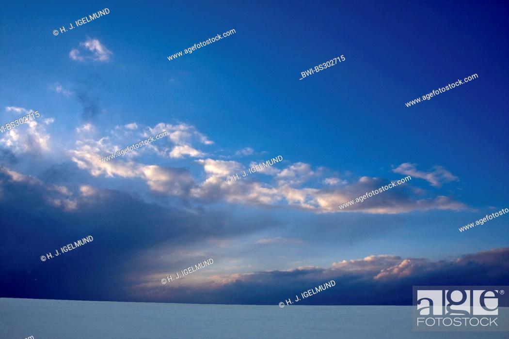 Stock Photo: cloudy sky over snow landscape, Belgium, Ardennen.