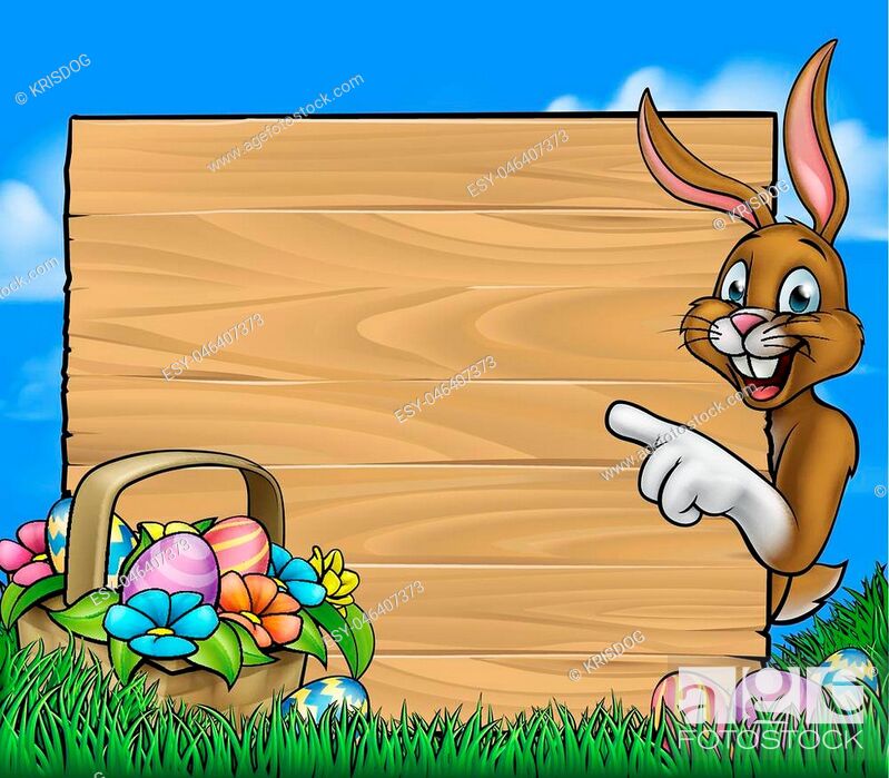 Cartoon background of Easter bunny peeking around a wooden sign and  pointing with a basket hamper of..., Stock Vector, Vector And Low Budget  Royalty Free Image. Pic. ESY-046407373 | agefotostock
