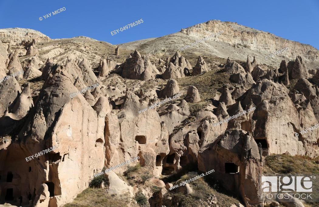 Stock Photo: Rock Formations in Zelve Valley, Cappadocia, Nevsehir City, Turkey.