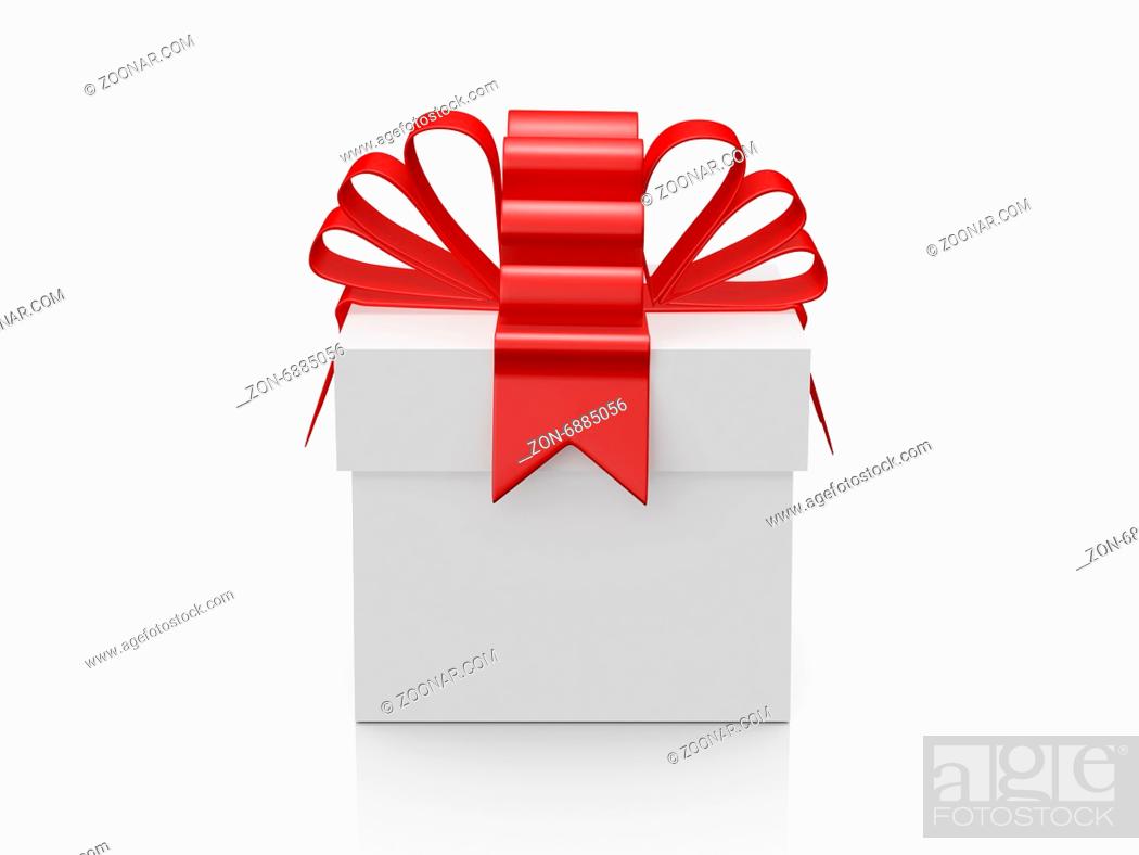 Imagen: Single white gift box with red ribbon, front view, isolated on white background.