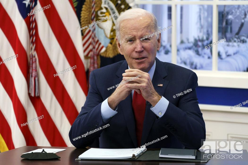 Stock Photo: United States President Joe Biden speaks while meeting with members of the White House Covid-19 Response Team at the Eisenhower Executive Office Building in.