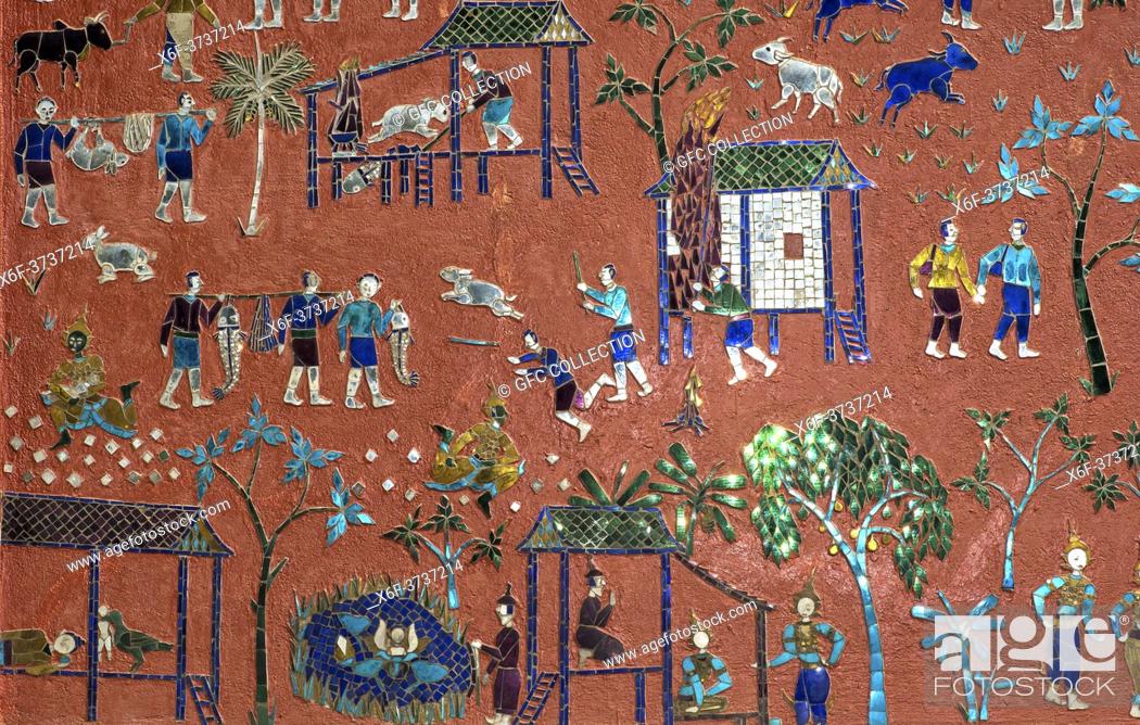 Stock Photo: Glass mosaic depicting stories from the parables of Siaosawat, including religious activities and daily life scenes, external wall of the Red Chapel.