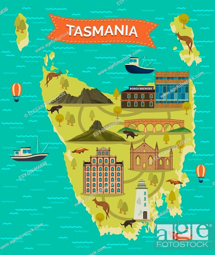 Stock Vector: Tasmania map or Tassie island, TAS famous landmarks. Cradle and barn bluff mountain, kangaroo, platypus, duckbill, port Arthur Historic.