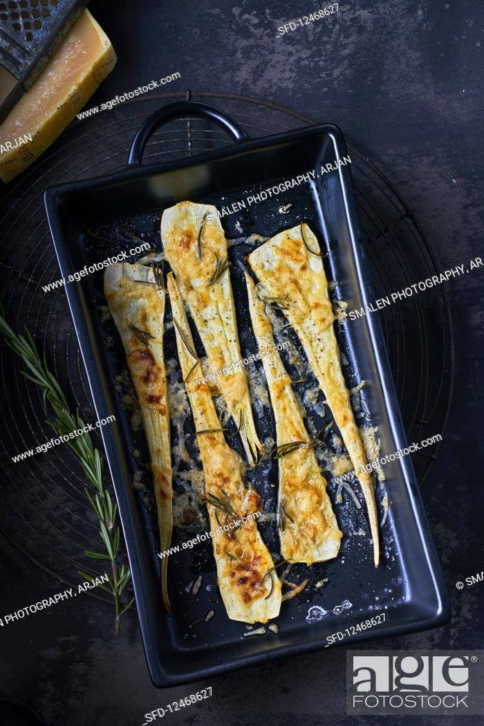 Stock Photo: Parsnips with parmesan ovendish.
